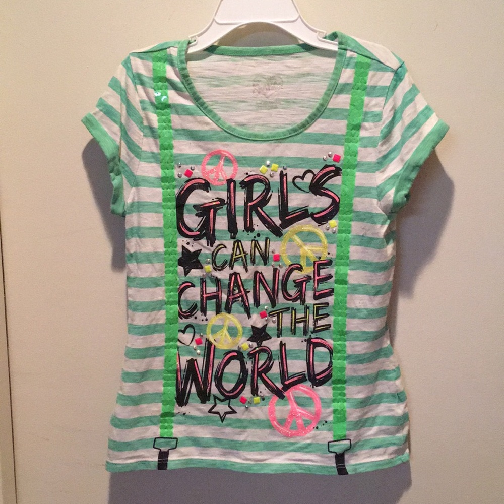 Justice Girls size 7 short sleeve shirt Girls Can Change the world-peace sign
